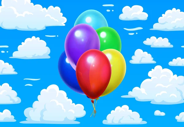 Knippa ballonger i moln. Cartoon blå mulen himmel och färgglada 3d glansigt ballonger vektor illustration — Stock vektor
