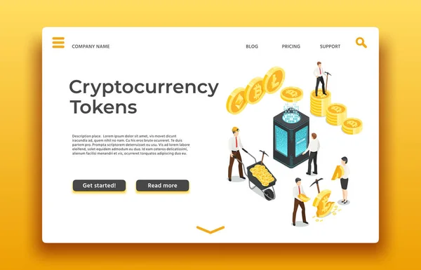 Blockchain és cryptocurrency céloldalt. Izometrikus emberek bányászati érmék. Vektor web design — Stock Vector