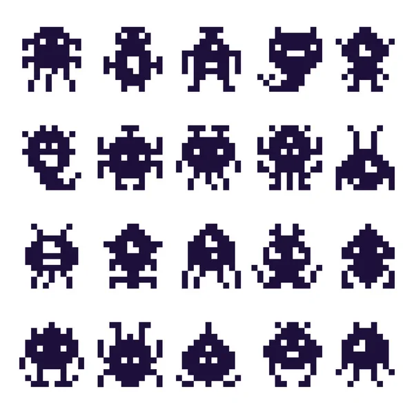 Pixel Art Invasoren Silhouette. Space Invader Monster Game, Pixel Roboter und Retro-Arcade-Spiele isolierte Vektor-Symbole gesetzt — Stockvektor