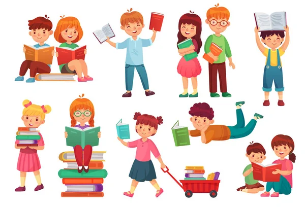 Los niños leen el libro. Feliz niño leyendo libros, niña y niño aprendiendo juntos y jóvenes estudiantes aislados ilustración vectorial de dibujos animados — Vector de stock