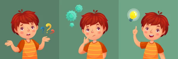 Pregunta de niño. Pensativo chico joven hacer preguntas, niño confundido y entender o encontrar respuesta ilustración vector de dibujos animados retrato — Vector de stock