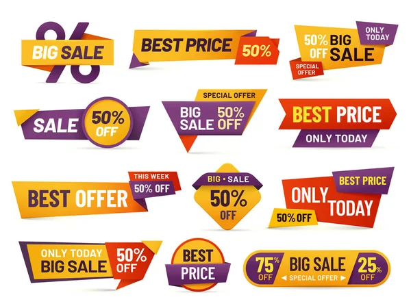 Retail sale tags. Cheap price flyer, best offer price and big sale pricing tag badge design isolated vector collection — Stock Vector