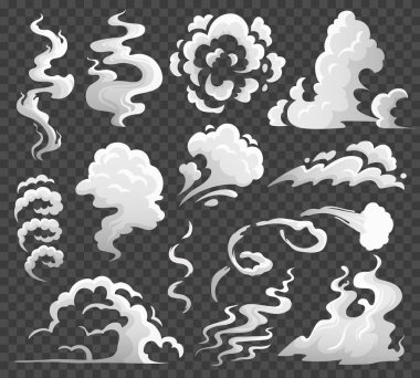 Duman bulutları. Komik buhar bulut, duman eddy ve buhar akış. Toz bulutları izole karikatür vektör çizim