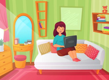 Kız öğrenci yatak odası. Genç Daire oda, online çalışma evde ve kadın öğrenci dizüstü bilgisayarda okuma. Gençlik kadın yatak odası iç karikatür çizimi