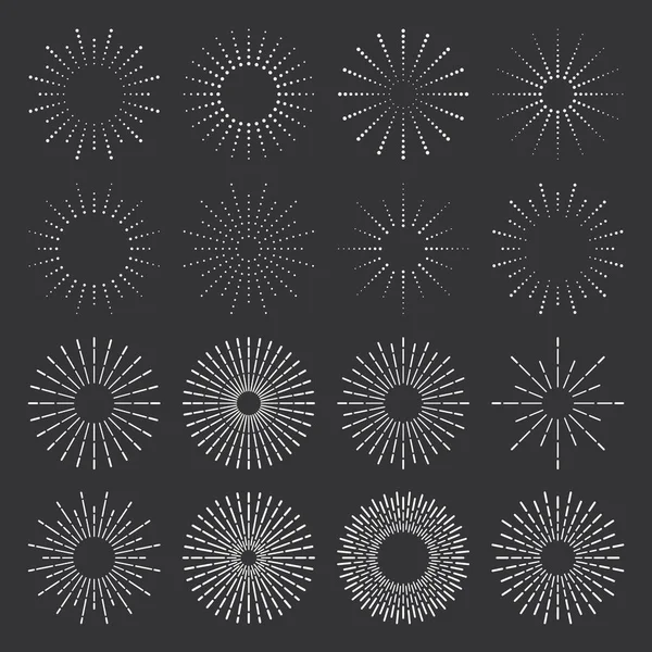 Coup de soleil vintage. Étiquette simple éclat d'étoile, aiguilles de craie rétro dessinées coups de soleil cadres et feux d'artifice étincelles rayons isolés ensemble vectoriel — Image vectorielle