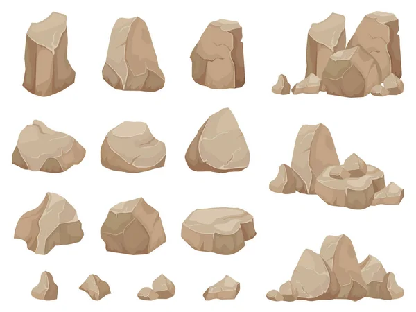 Piedra de roca. Piedras de roca, escombros de grava y montón de rocas de dibujos animados conjunto vectorial aislado — Vector de stock