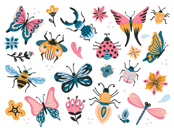 Милые жуки. Ребенок рисует насекомых, летающих бабочек и божьей коровки. Цветочная бабочка, насекомые-мухи и плоский векторный набор жука — стоковый вектор