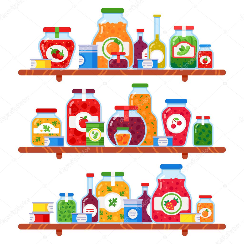 Canned food shelf. Preserved peas, meal on store shelves and conserved vegetables culinary products isolated vector illustration