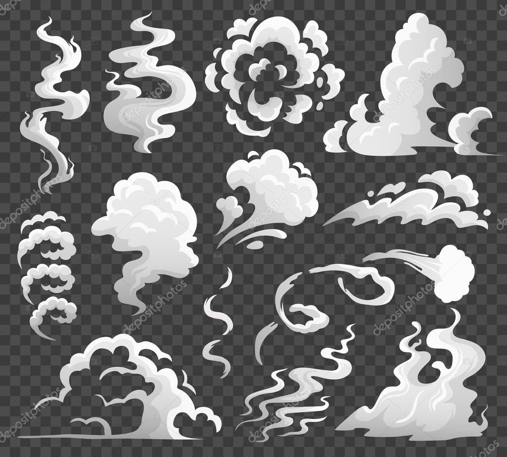 Smoke clouds. Comic steam cloud, fume eddy and vapor flow. Dust clouds isolated cartoon vector illustration