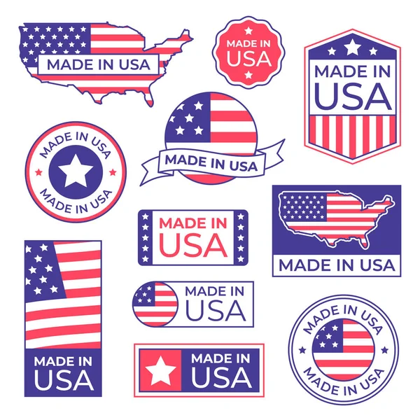 Made in USA label. American flag proud stamp, made for usa labels icon and manufacturing in America stocker isolated vector set — Stock Vector