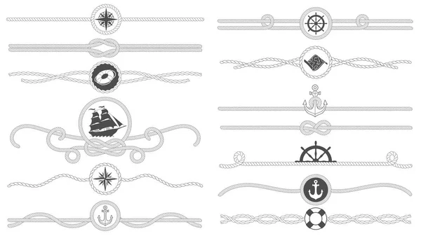 Морська мотузка. Морська лінія пов'язаних мотузок, роздільник анкера морського судна і ретро морський декор кордонів ізольований векторний набір — стоковий вектор