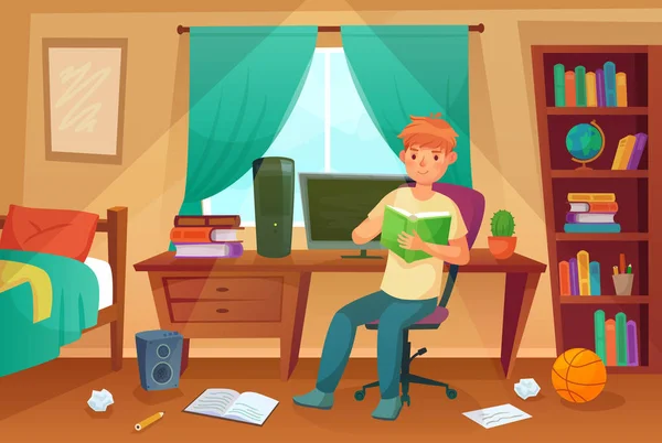 Diák hálószoba. Tinédzser olvasni bock, a főiskola házi feladatot és a tanuló nappali apartman rajzfilm illusztráció — Stock Vector