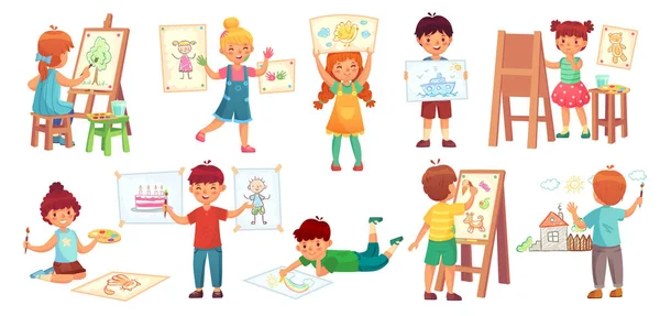 Menggambar anak-anak. Ilustrator anak, gambar bayi bermain dan menggambar gambar anak-anak grup kartun vektor ilustrasi - Stok Vektor