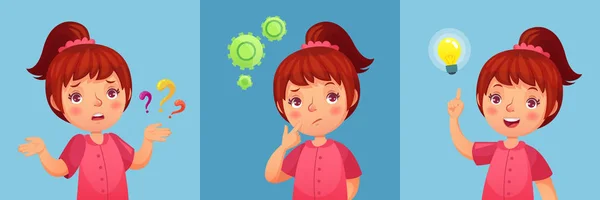 Worried little girl. Child ask question, confused and found questions answers. Thoughtful little girl cartoon vector illustration — Stock Vector