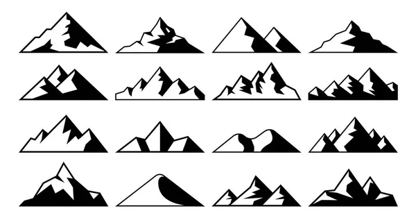 Gipfel-Ikone. Tibet Berge, Berg Hügel Gipfel und Everest Hügellandschaft Vektorsymbole gesetzt — Stockvektor