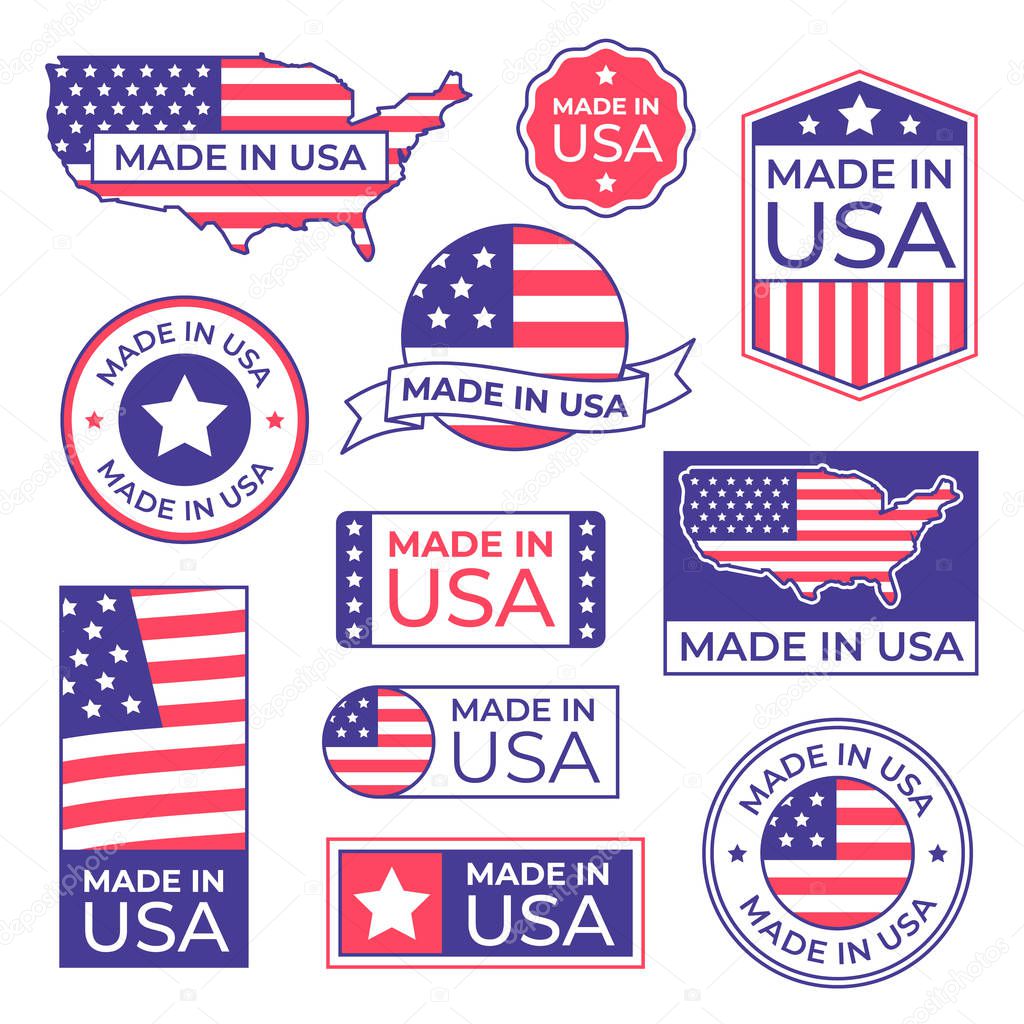 Made in USA label. American flag proud stamp, made for usa labels icon and manufacturing in America stocker isolated vector set