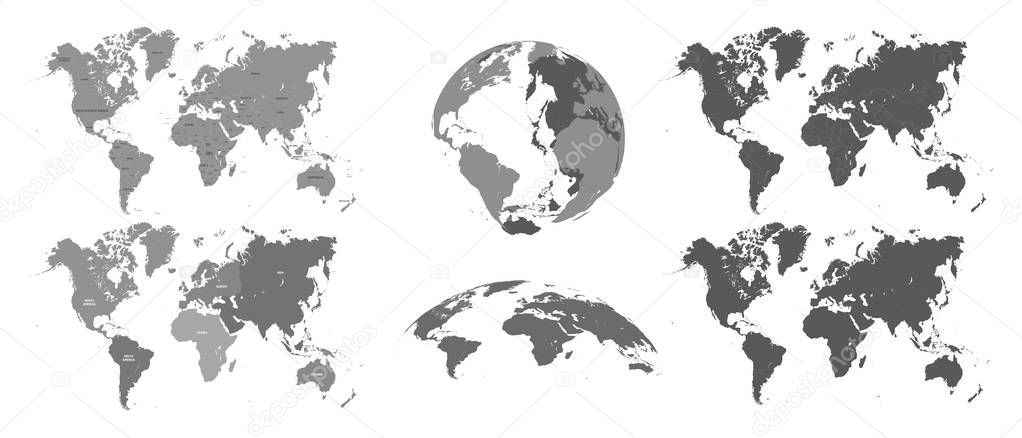 World gray maps. Map atlas, earth topography mapping silhouette vector isolated illustration set
