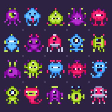 Pixel space monsters. Arcade video games robots, retro game invaders pixel art isolated vector set clipart