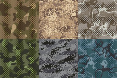 Haki doku kamuflaj. Ordu kumaş sorunsuz orman ve kum camo örgü desen dokular set vektör