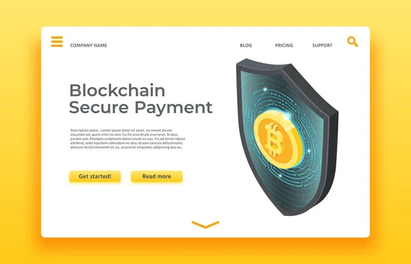 Blockchain ασφαλή προσγείωση σελίδα πληρωμής. Ισομετρική ασπίδα διάνυσμα σχεδιασμός ιστοσελίδων — Διανυσματικό Αρχείο