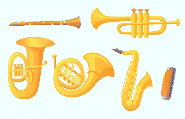 Trompeta de dibujos animados. Vientos instrumentos musicales. Colección de vectores de instrumentos musicales — Archivo Imágenes Vectoriales