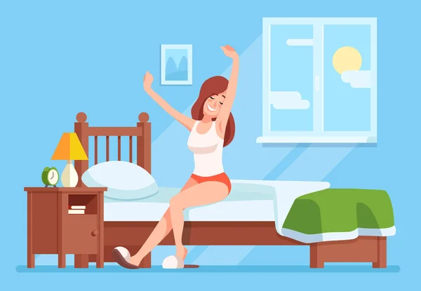 Lady wakes up morning. Lady is sitting on mattress cartoon vector concept — ストックベクタ