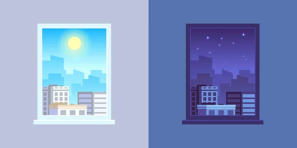 Vista de la ventana. Día y noche concepto de vector de dibujos animados — Vector de stock