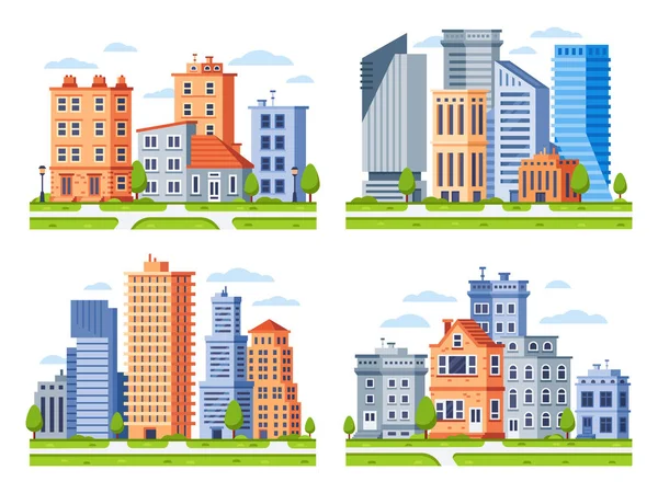 Fastigheter byggnader. Staden rymmer stadsbilden, staden Lägenhet hus byggnad och urban bostadsområde vektor illustration set — Stock vektor
