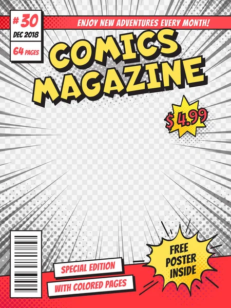 Comic book cover. Strips boeken titelpagina, grappige superheld tijdschrift geïsoleerde vector sjabloon — Stockvector
