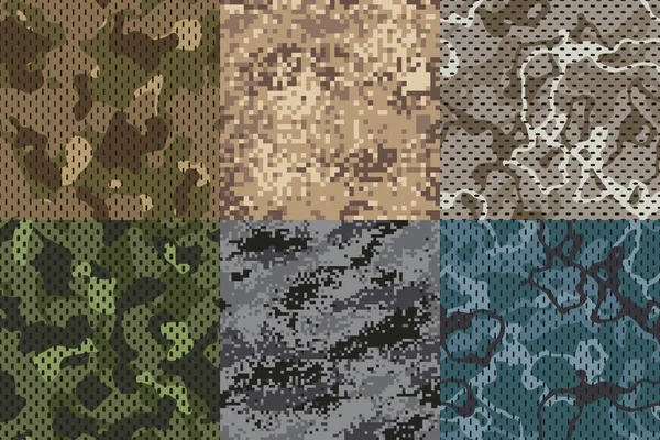 Texture kaki camouflage. Tissu de l'armée sans couture forêt et sable camouflage motif textures vectorielles ensemble — Image vectorielle