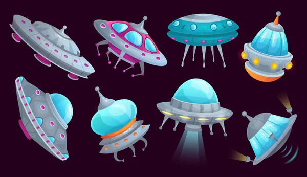 Nave espacial UFO de dibujos animados. Vehículo futurista nave espacial alienígena, invasores espaciales nave y platillo volador aislado vector conjunto — Archivo Imágenes Vectoriales