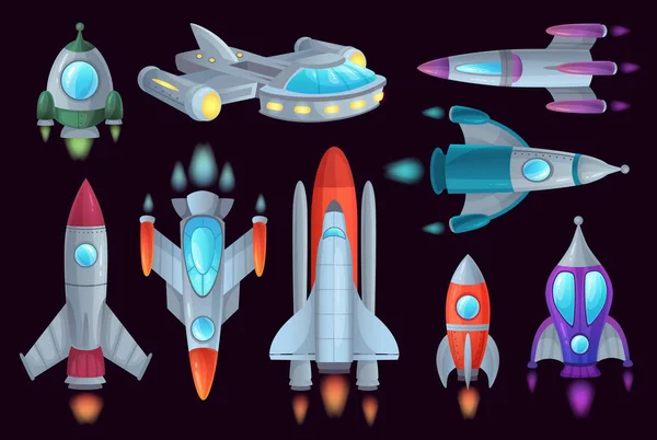 Cartoon raketten. Ruimte rocketship-, lucht-en ruimtevaart raket- en ruimtevaartuigen schip geïsoleerde vector illustratie set — Stockvector