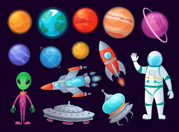 Objetos espaciales. OVNI alienígena, planeta universo y cohetes de misiles. Planetas juego de diseño de dibujos animados gráficos vector conjunto de elementos — Archivo Imágenes Vectoriales