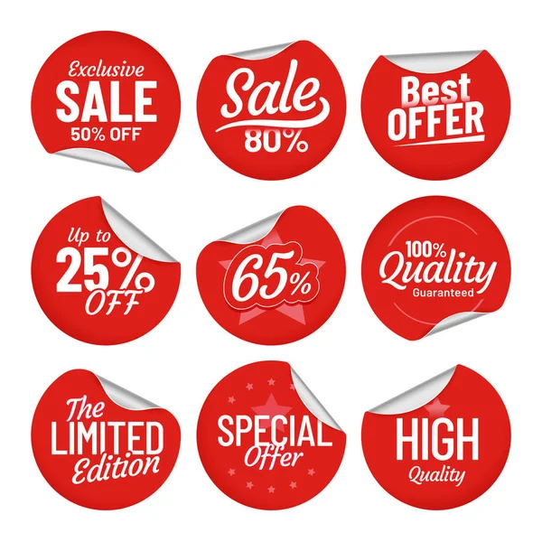 Sticker vente. étiquette d'étiquette d'achat, autocollants rouges en vente avec bord plié et prix hors étiquettes ensemble vectoriel isolé — Image vectorielle
