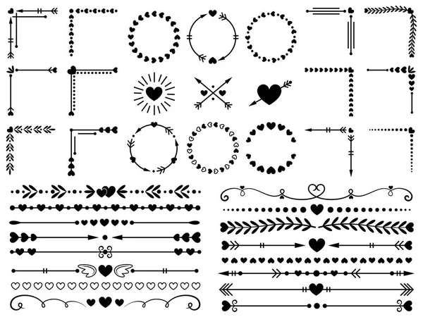 Láska ornamenty. Svatební srdce okrasné, dekorativní srdce hranice a inlove design ornament vektorové prvky frame set — Stockový vektor