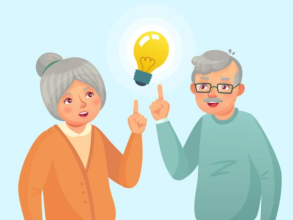 Idea de mayores. Pareja de ancianos tienen idea, ancianos de edad avanzada tema de pensamiento. Abuelo y abuela ilustración vector de dibujos animados — Vector de stock