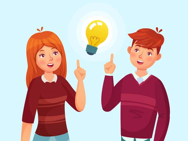 Young people have idea. Students couple having solution, teenagers ideas lamp bulb metaphor and teen cartoon vector illustration — ストックベクタ