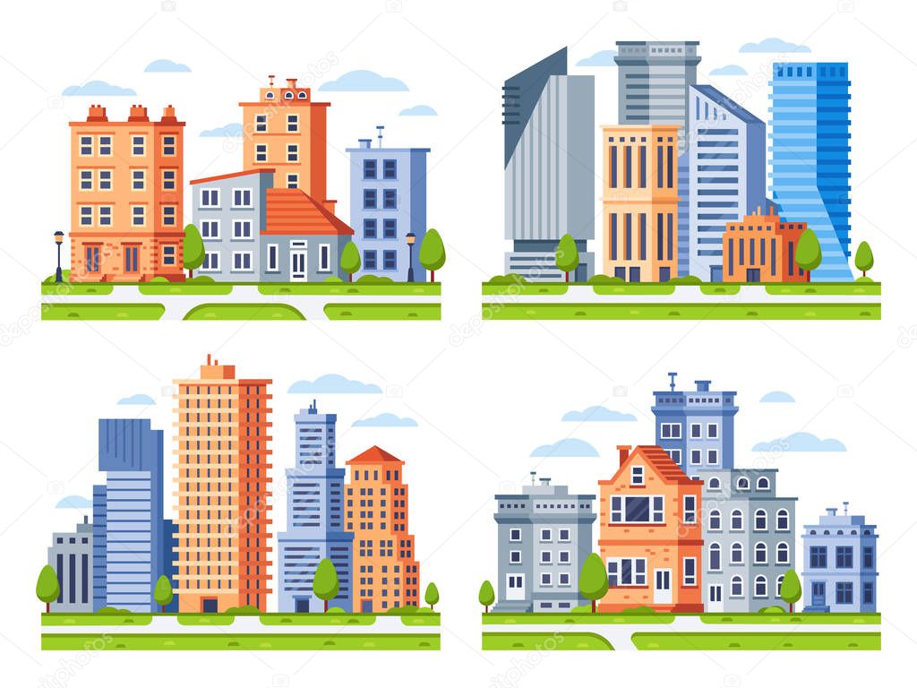 Real estate buildings. City houses cityscape, town apartment house building and urban residential district vector illustration set