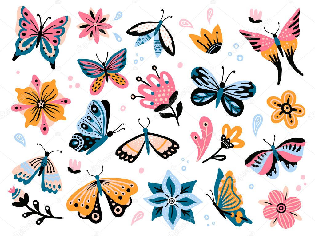 Spring flowers and butterflies. Colorful garden flower, floral decor and elegant butterfy. Insects, summer flying butterflies and flowers drawing. Isolated vector icons set
