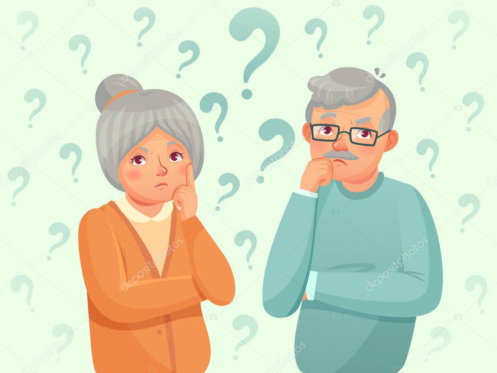 Thinking seniors couple. Confused elderly people. Grandfather, grandmother forget and trying remember cartoon vector illustration
