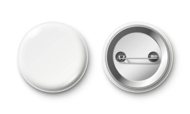 Boş düğme rozeti. Beyaz pinback rozetleri, PIN düğmesi ve gerçekçi izole vektör mockup geri tutturulmuş