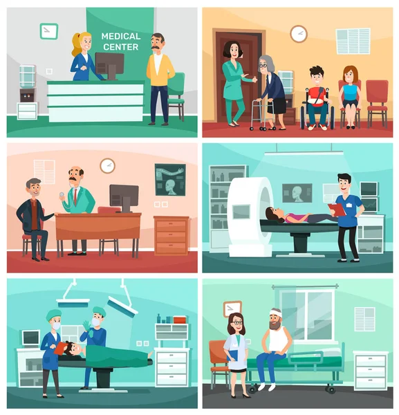 医院。临床护理, 急救护士与患者和医院医生向量动画片例证 — 图库矢量图片