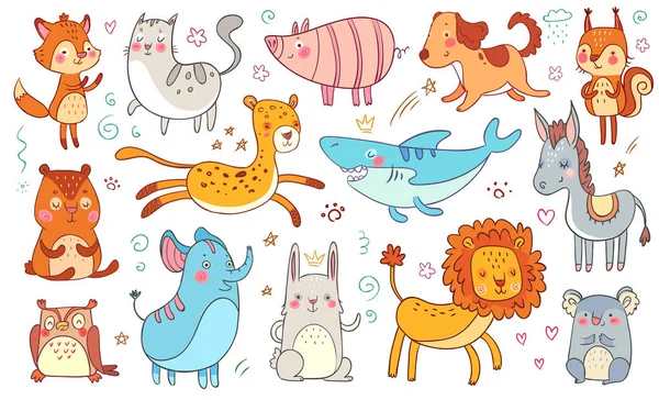 Niedliche handgezeichnete Tiere. Freundschaft Tier lustig Doodle Katze, dekorativ liebenswert Fuchs und Baby Bär isoliert Vektor Illustrationsset — Stockvektor