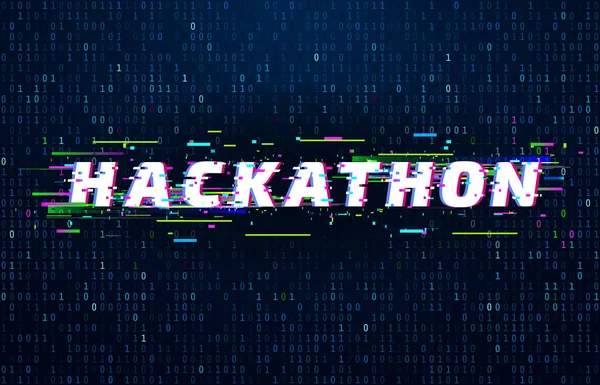 Esperienza di hackathon. Hack maratona evento di codifica, glitch poster e saturi codice binario dati flusso vettoriale illustrazione di sfondo — Vettoriale Stock