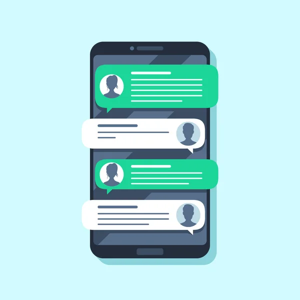 Notificações de SMS móveis. Mensagem de texto de mão no smartphone, pessoas conversando. Conversão flat vector illustration —  Vetores de Stock