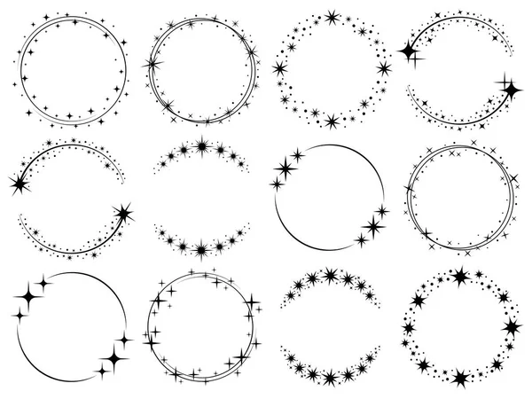 Sternenstaub-Rahmen. glänzende Sternkreisrahmen, Sternenglitzerstempel und runde magische funkelnde Sterne verfolgen isolierte Vektor-Set — Stockvektor