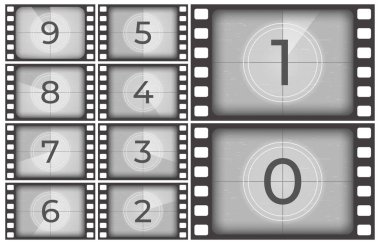 Sinema film geri sayım. Eski film filmleri çerçeve, vintage Intro ekran sayı sayma şerit veya retro Zamanlayıcı çerçeveler illüstrasyon vektör