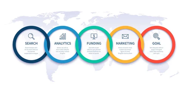 Wereldwijde business stappen grafiek. Strategie tijdlijn infographics, wereldwijd opstarten plan en stap ketting infographic vectorillustratie — Stockvector