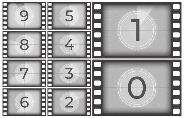 Countdown zum Kinofilm. alte Filmstreifen-Rahmen, alte Intro-Bildschirme, die Zahlen zählen oder Retro-Timer-Frames-Vektorillustration — Stockvektor