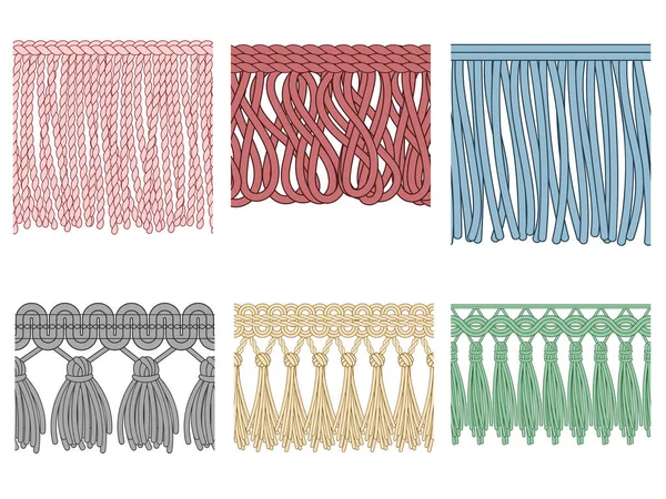 Kledingstuk fringe. Ruffle naad trim, ruwe rand en kwast vlecht ruches geïsoleerd naadloze patronen illustratie Textielset — Stockvector